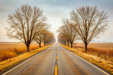 Fototapeta premium A long, straight road lined with bare trees stretches into the distance across a golden autumn field