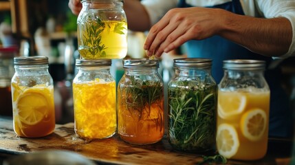 Person preparing homemade drinks in mason jars