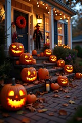 Realistic Halloween Porch Decor with Carved Pumpkins