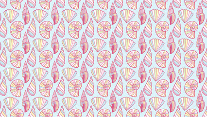 Pastel seashell pattern with pink outlines on a light blue background in a repeating design