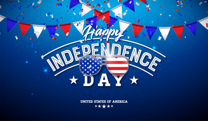 4th of July Independence Day Illustration with American Flag in Sunglasses and Typography Lettering on Blue Background. Vector Fourth of July National Celebration Design with Party Flag and Falling