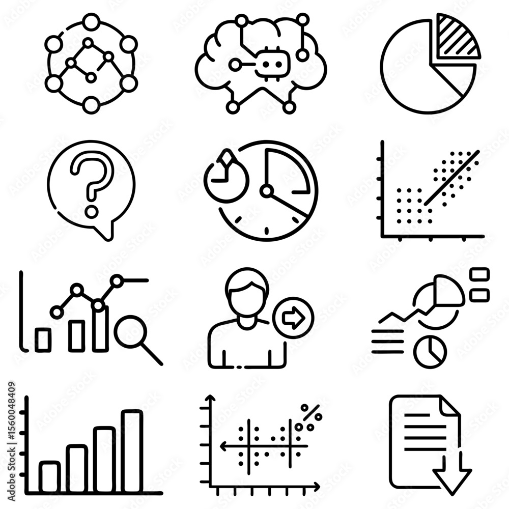 Poster various data analysis and business intelligence icons including graphs and charts displayed neatly