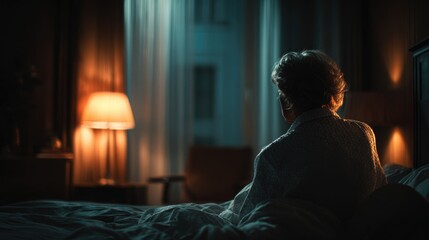 Insomnia risk. A solitary figure sits in a dimly lit room, reflecting in the evening glow.