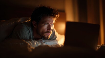 Insomnia risk. Man intently focused on a laptop screen while lying in bed at night.