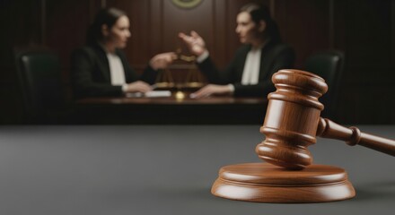 Conflict in the court. A close-up on a gavel with two judges blurred behind it, engaged in a heated debate or disagreement during a trial.