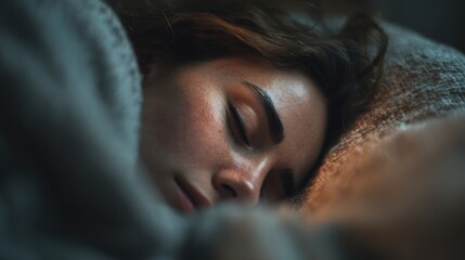 Insomnia risk. A serene close-up of a person sleeping peacefully under soft blankets.