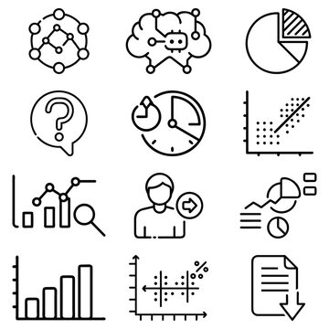 Various data analysis and business intelligence icons including graphs and charts displayed neatly