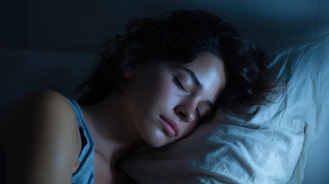 Insomnia risk. A peaceful woman sleeping in a dimly lit room, showcasing serenity and relaxation.