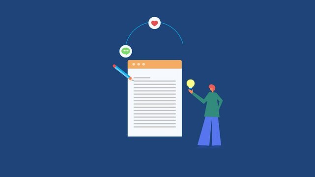 Content creator holds a glowing bulb beside a webpage and pencil, encircled by chat bubble and social media reactions.