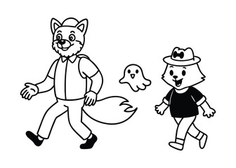Cute Cartoon Fox and Ghost Walking Together