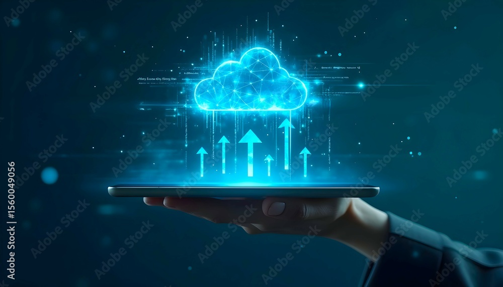 Aufkleber cloud computing technology concept with hand holding tablet and data upload to cloud network 100 gb 