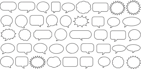 Collection of Black Outline Speech Bubbles in Various Shapes on White Background