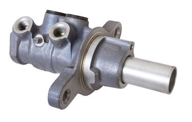 Color metal brake master cylinder for repair and replacement on a car in a workshop on a white isolated background. Spare parts catalog for cars.