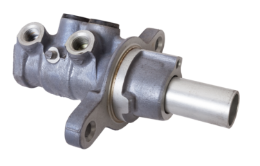 Color metal brake master cylinder for repair and replacement on a car in a workshop on a white isolated background. Spare parts catalog for cars.