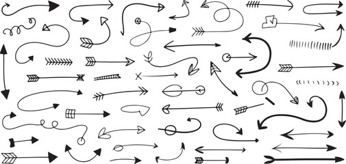 Hand Drawn Black Arrows and Directional Symbols on White Background