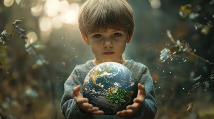 Naklejka premium Boy holding earth