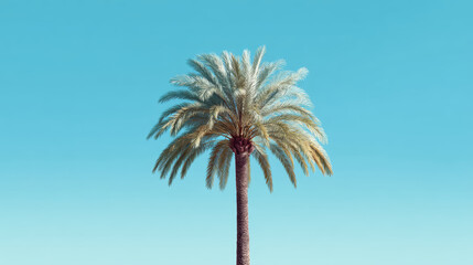 A solitary palm tree against a vibrant, clear blue sky, evoking a sense of serenity.