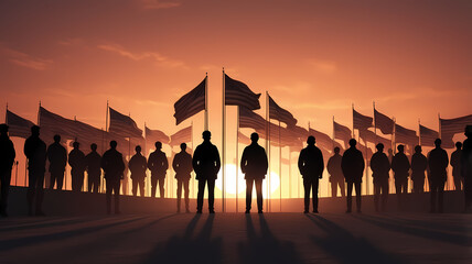 silhouettes of people standing in silence under a national flag, sunset background, honoring terrorism victims, symbolic remembrance, cinematic light, realistic style
