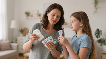 Candid mother-daughter moment discussing eco-friendly menstrual options, holding reusable period items in a domestic setting