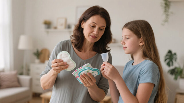 Candid mother-daughter moment discussing eco-friendly menstrual options, holding reusable period items in a domestic setting