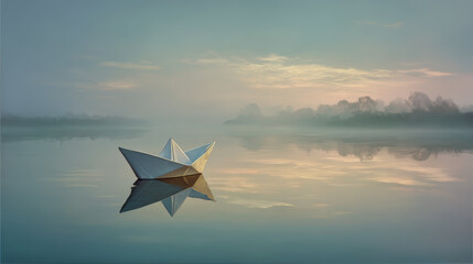 A paper boat floats serenely on a misty lake at sunrise, a peaceful scene.