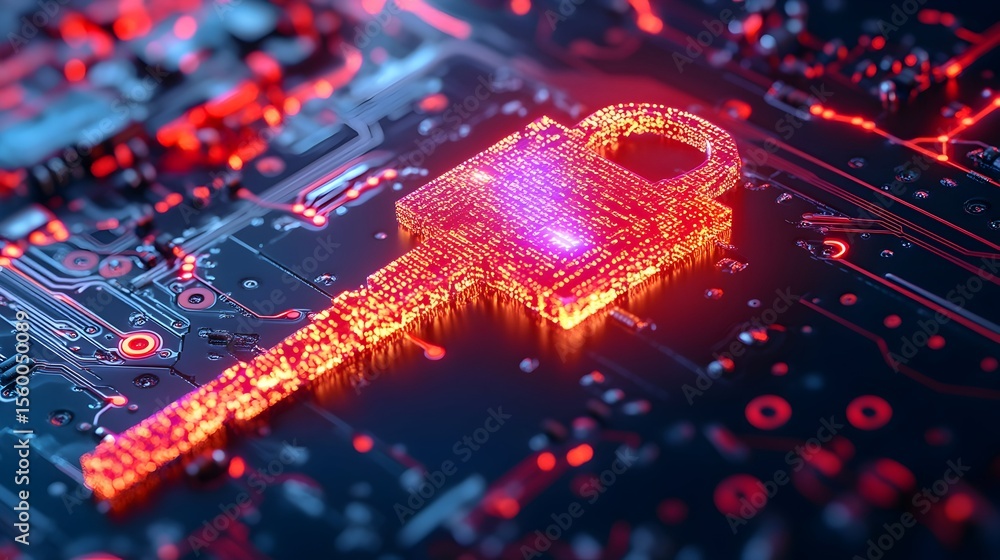 Poster cyber security key glowing on circuit board