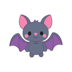 Cute cartoon bat with big pink ears, smiling face, and purple wings. Perfect for kids designs!