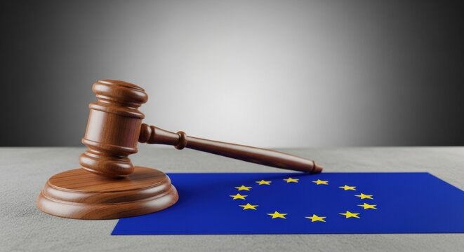 European law and judgment. A wooden gavel and sound block lie on the flag of the European Union, on a textured grey surface with copy space above.