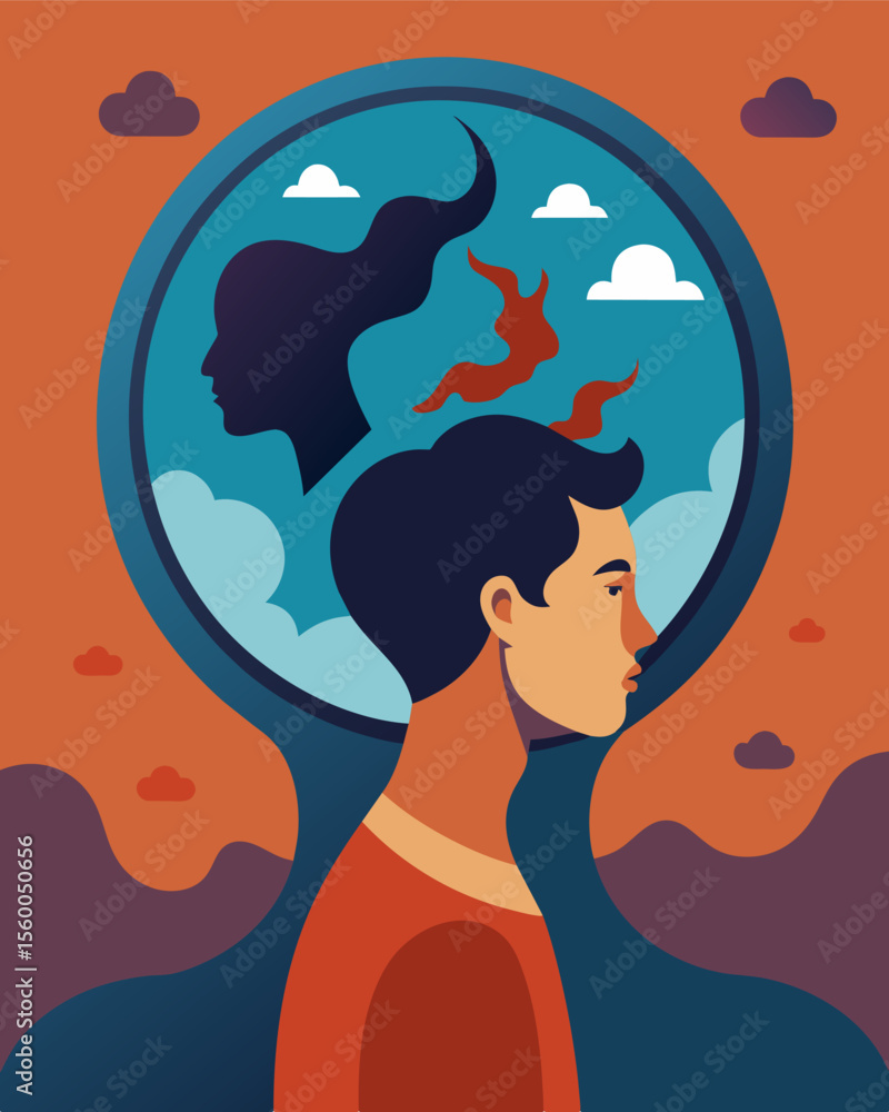 Poster a persons mind held captive in a mirror constantly reflecting their own fears and doubts.. vector il