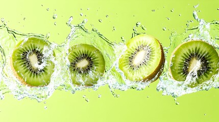 Fresh kiwi slices splashing in water, green background
