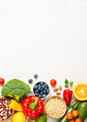 Healthy food assortment on white background.