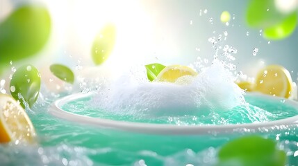 Fresh lemons splashing in turquoise water, green background, summer drink ad