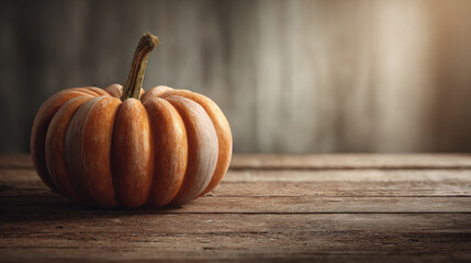 A single, vibrant orange pumpkin sits on a rustic wooden table, a perfect autumn scene.