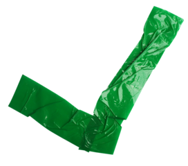 Torn crumpled check mark, tick adhesive green tape on transparent background. 2 piece of cross plastic, glossy shine texture.