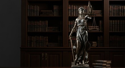 Fototapeta premium Justice in the law library. A full-body bronze statue of Themis is on a table with law books, with shelves of antique books blurred in the background.