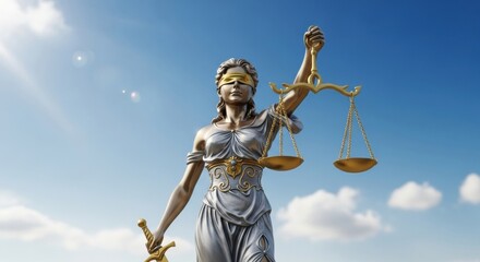 Fototapeta premium Justice under a blue sky. A low-angle shot of a silver and gold statue of Lady Justice with her scales and sword, against a beautiful sky with clouds.