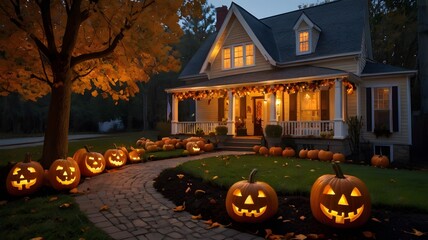 Realistic Halloween Porch Decor with Carved Pumpkins