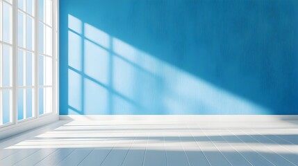 Sunny room, blue wall, white floor, window light, interior design mockup