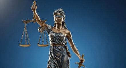 A close-up of Themis, the goddess of justice. A classic bronze statue with a silver finish, holding her scales against a clean blue studio background.