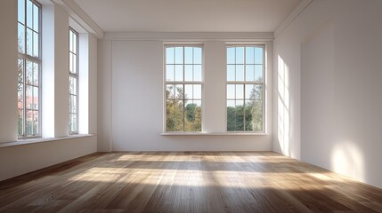 Minimalist living room interior with white walls, wooden floor, and soft natural lighting through large windows, showcasing spacious and serene modern design aesthetic

