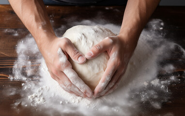 Hands forming heart shape around dough ball on wooden surface with flour dust
