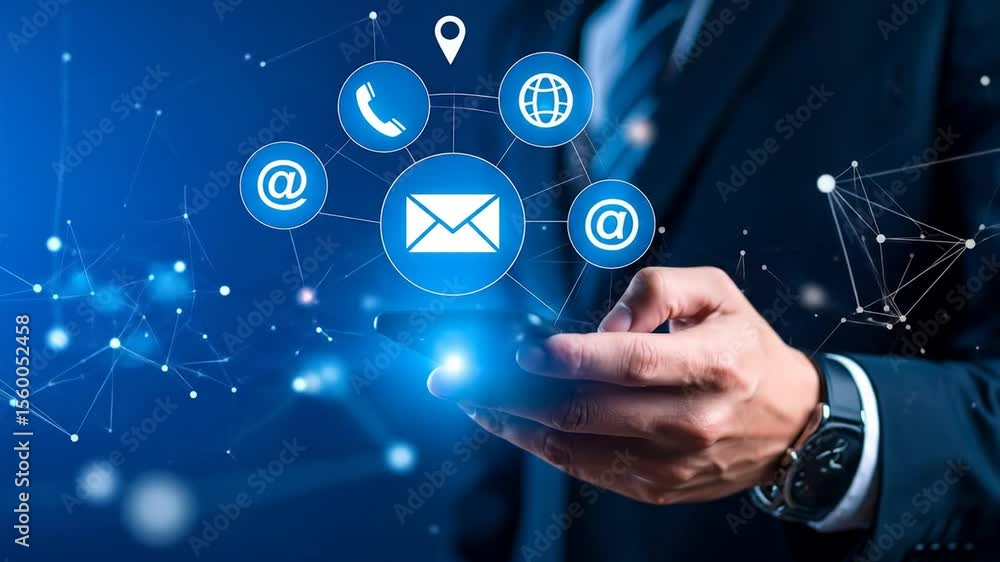 Poster businessman using mobile with contact communication network and technology connection