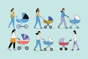  People Walking with Baby Strollers, Hand-Drawn Illustration Set of Diverse Caregivers in Motion