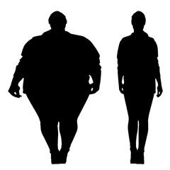 Conceptual fat overweight obese female vs slim fit healthy body after weight loss or diet on white background. A  fitness, nutrition or obesity, health shape illustration vector as silhouettes