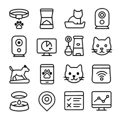 Pet care icons, a collection of simple line art graphics representing various aspects of pet ownership.