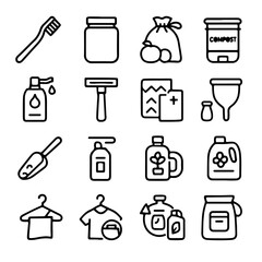 Clean lines and minimalist aesthetics showcase a collection of essential daily items. The image promotes simplicity. It's an illustration which contains items such as toothbrush, jar, compost bin.