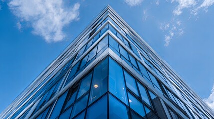 Obraz premium Modern office building with reflective glass facade and minimalist architecture under clear blue sky, showcasing urban design and business district atmosphere