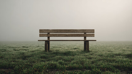 Fototapeta premium A rustic wooden bench sits in a tranquil, foggy field, creating a serene atmosphere.