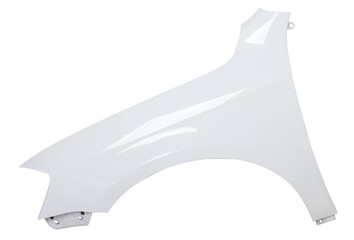 White plastic fender on a green chroma key isolated background in a photo studio for sale or replacement in a car service. Mudguard on auto-parsing for repair or a device to protect body from dirt.
