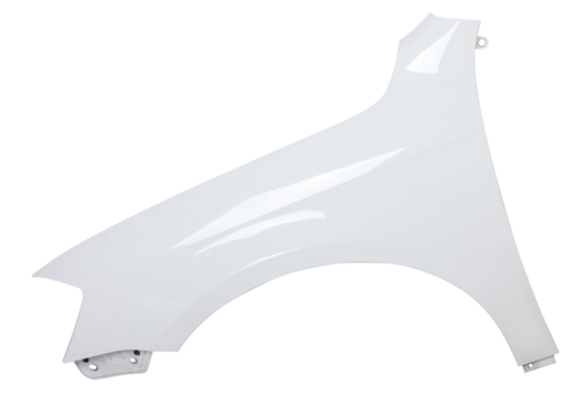 White plastic fender on a green chroma key isolated background in a photo studio for sale or replacement in a car service. Mudguard on auto-parsing for repair or a device to protect body from dirt.